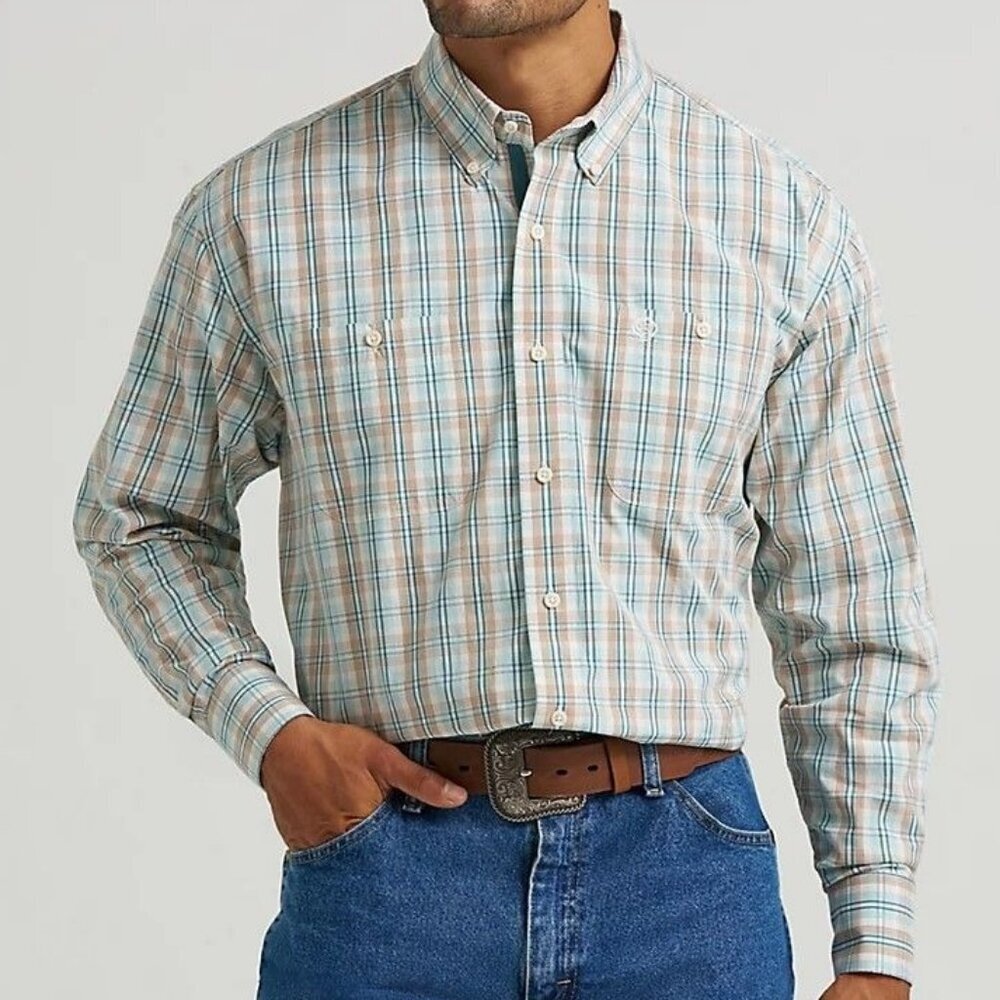 Wrangler George Strait Men's Plaid Button Shirt Nile Blue 112368206